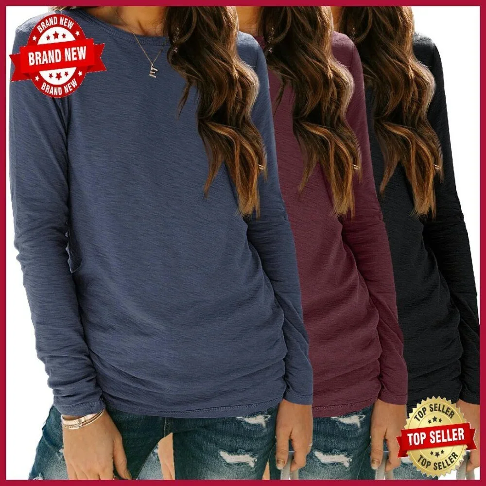 Soft Stretch Long Sleeve Tees 3-Pack Loose Fit Women's Basic Tops